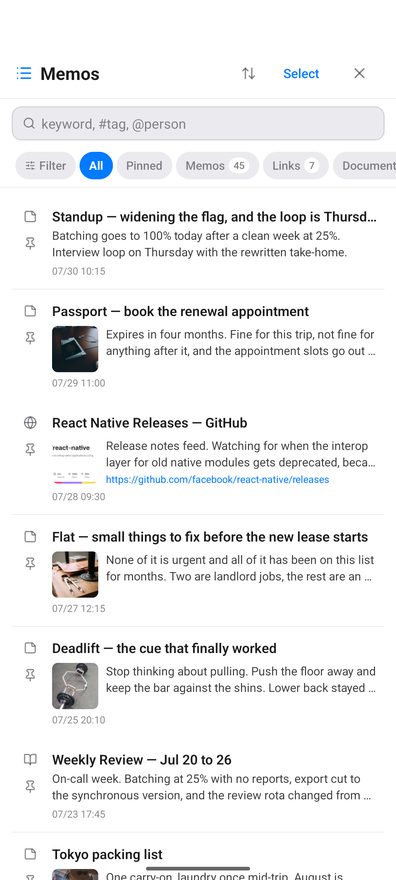 The memo list on Android: a title reading Memos with a sort control, a Select button and a close button, a search field with the placeholder keyword, #tag, @person, a row of chips reading Filter, All, Pinned, Memos 45, Links 7 and Documents, and a list of memos each showing a type icon, a pin toggle, a title, two lines of summary and a timestamp.