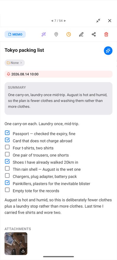 A memo open in detail view on Android: a MEMO badge with a row of action icons, a position counter reading 7 of 54, a title, a folder chip reading None, a reminder chip for 2026.08.14 10:00, a Summary card, a body with tickable checkboxes, Created and Updated timestamps, and a tag chip with an Add button.