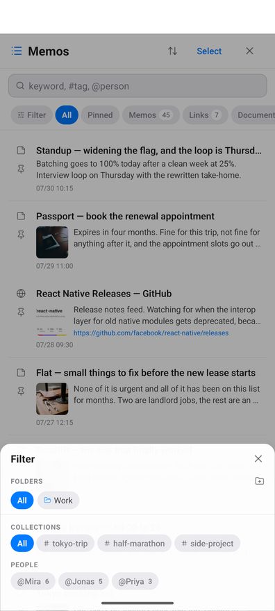 The Filter sheet over the memo list, with a Folders section showing All and a folder called Work, a Collections section showing All plus the tag chips #tokyo-trip, #half-marathon and #side-project, and a People section showing @Mira with 6, @Jonas with 5 and @Priya with 3.