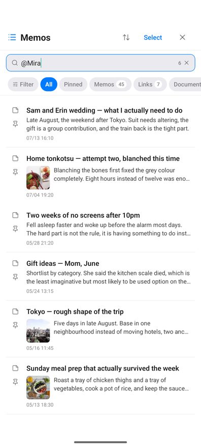 The memo list with @Mira typed into the search field, a count of 6 at the right-hand end of the field, and below it the six memos that mention her.