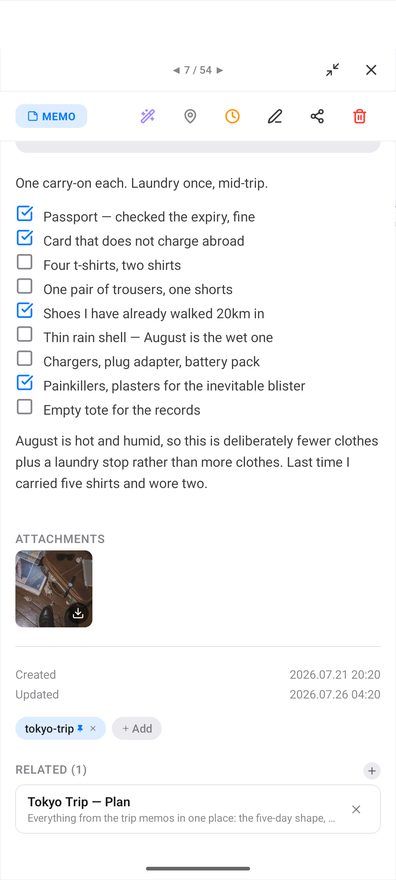 The lower half of the same memo, scrolled down to show the Created and Updated timestamps, a tokyo-trip tag chip with an Add button, and a Related (1) section holding one linked memo titled Tokyo Trip — Plan with a plus button to add more.