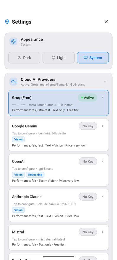 The Cloud AI Providers section of Settings on Android: Groq marked Active with its key masked and its model named beneath, then Google Gemini, OpenAI, Anthropic Claude and Mistral each marked No Key, with capability chips such as Vision and a line of performance and price notes on each card.