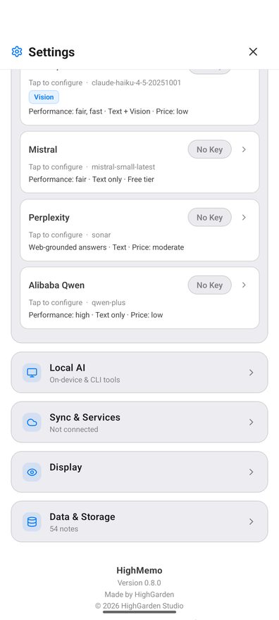 Settings on Android scrolled to the section rows: Local AI, then Sync & Services showing Not connected, then Display and Data & Storage showing 54 memos, with the app version and links to Open Source Licenses and Privacy Policy at the bottom.