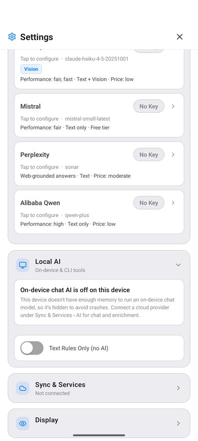 Settings on Android with the Local AI section expanded, showing no model list — instead a card headed On-device chat AI is off on this device, explaining that the model is hidden to avoid crashes and pointing at a cloud provider, and below it a Text Rules Only (no AI) switch, currently off.