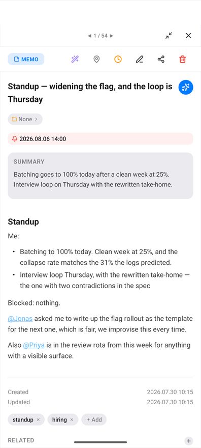 A memo whose body mentions two people, @Jonas and @Priya, rendered as highlighted links inside the running text, with tag chips for standup and hiring underneath.