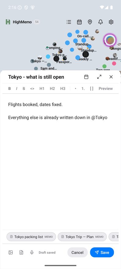 Another memo being written on Android, ending: Everything else is already written down in @Tokyo. The same suggestion row now offers memos — Tokyo packing list MEMO, Tokyo Trip — Plan MEMO, and a third chip running off the edge of the row.