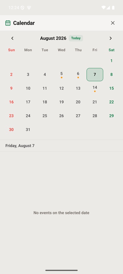 The current Android calendar in August 2026 with reminder dates marked in the fictional demonstration library.