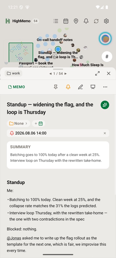 HighMemo's current Android memo detail showing the memo type, reminder, summary, markdown content and saved context together.