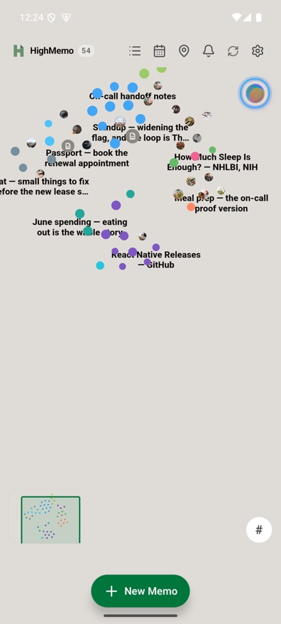 The current Android graph view with colour-coded memo nodes, labels, a miniature overview map and a New Memo button.