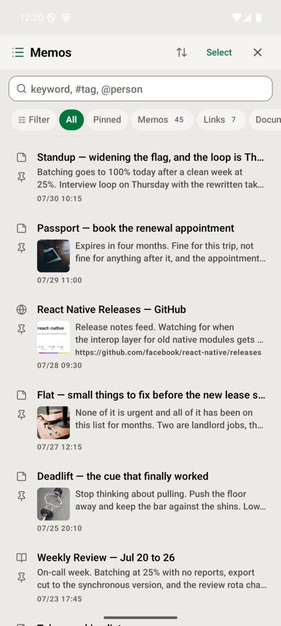 HighMemo's current Android memo list with search, filter chips, thumbnails and fictional demonstration memos.