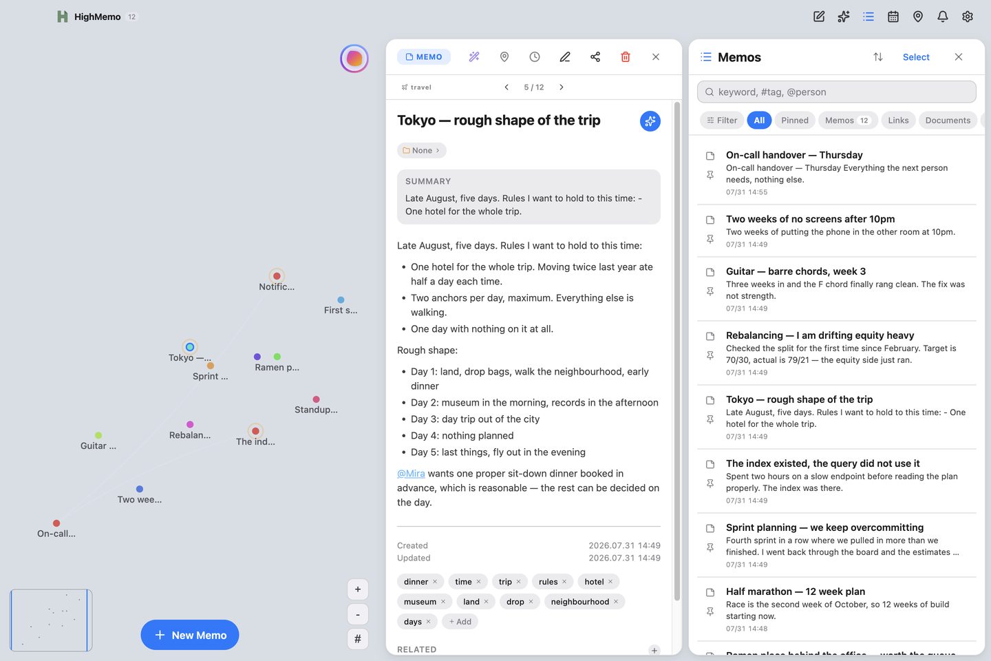 The HighMemo window on a Mac, in three columns: the graph of memos on the left, an open memo called Tokyo — rough shape of the trip in the middle with a summary card, a bulleted body, a mention of @Mira and a row of tag chips, and the memo list on the right with a search field, filter chips and eight memos.