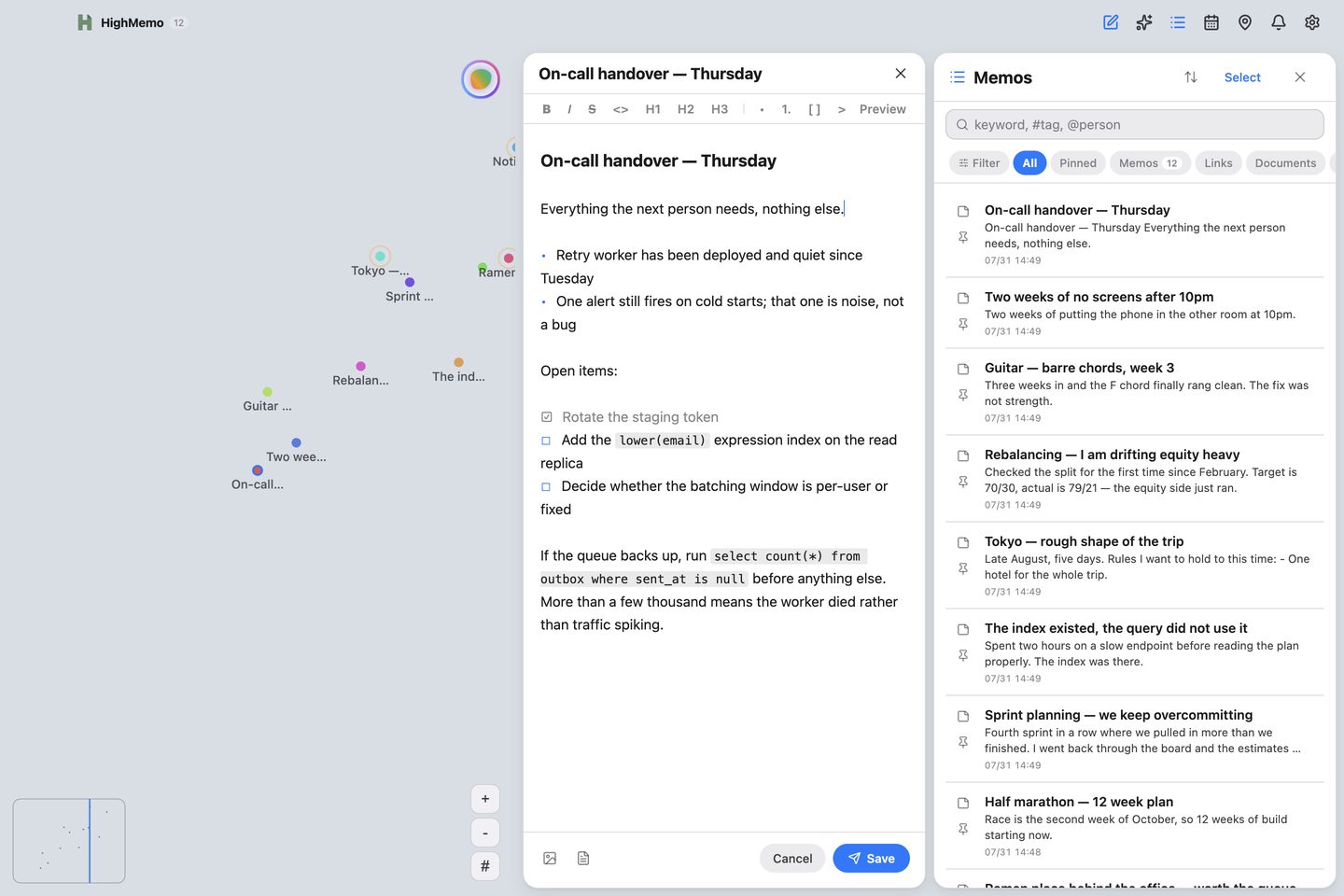 HighMemo on a Mac, editing a memo called On-call handover — Thursday. The middle panel is the editor: a formatting bar, then a heading, a paragraph, two bullets, three checkboxes, and a database query set as inline code — all rendered while the text cursor sits in the paragraph. The graph is on the left and the memo list on the right.