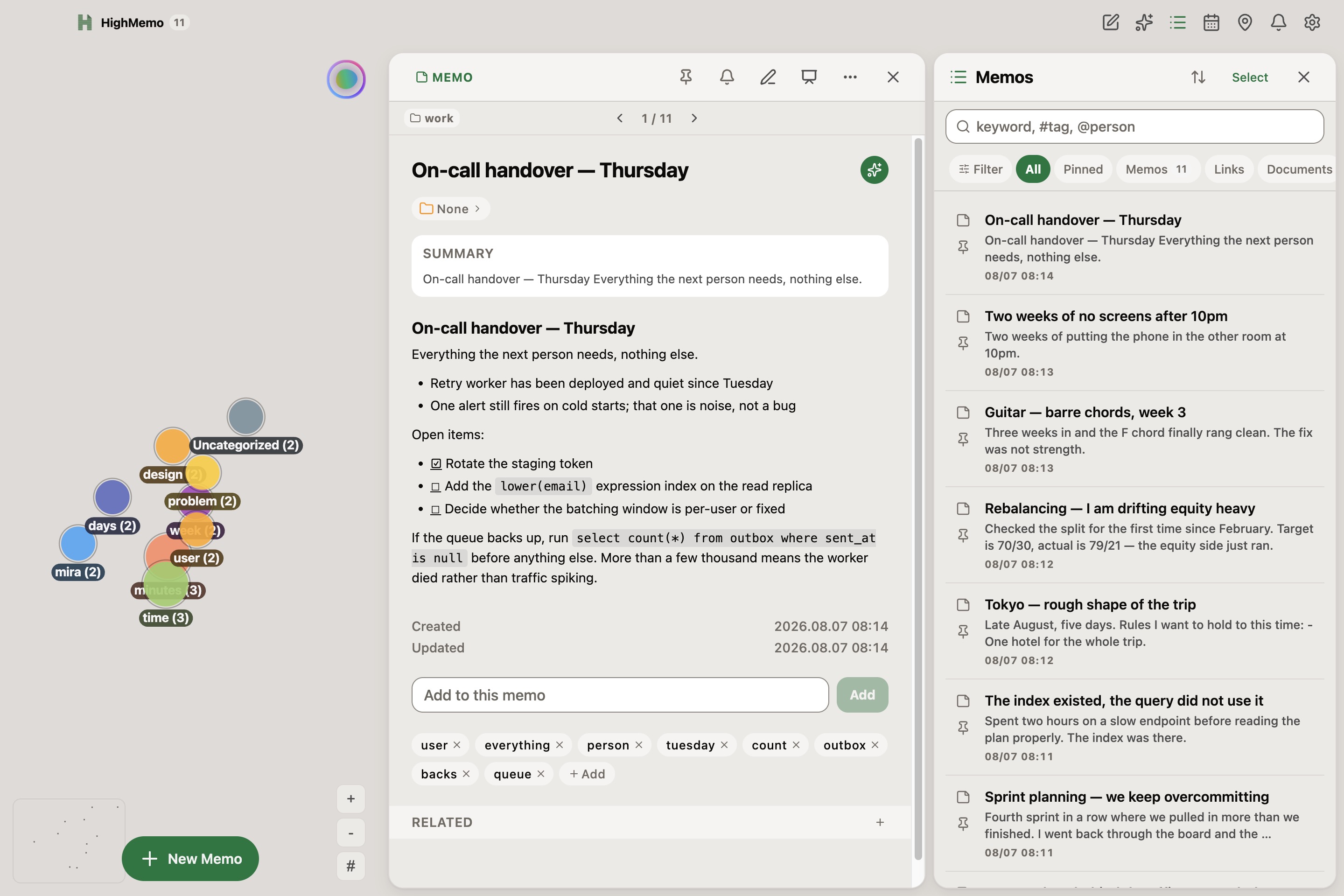 HighMemo on Mac showing the graph, an open memo detail and a searchable memo list together.