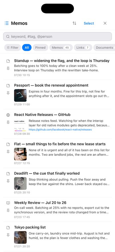 HighMemo's memo list on iPhone: a search field reading keyword, #tag, @person, filter chips for All, Pinned, Memos, Links and Documents, and a list of memos each with a title, a summary and a date.