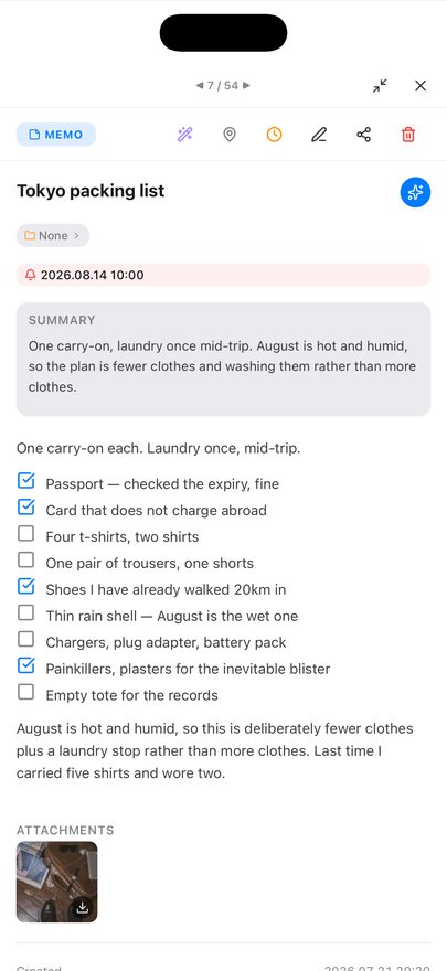 A memo open in detail view, showing a title, a folder chip, a reminder set for 2026.08.14 10:00, an AI-written summary card, a checklist body, created and updated dates, a tag chip and a related-memo section.