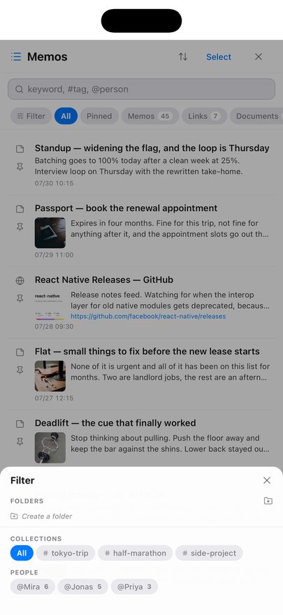 The Filter sheet over the memo list, with a Folders section offering Create a folder, a Collections section showing All plus tag chips #tokyo-trip, #half-marathon and #side-project, and a People section showing @Mira with 6, @Jonas with 5 and @Priya with 3.