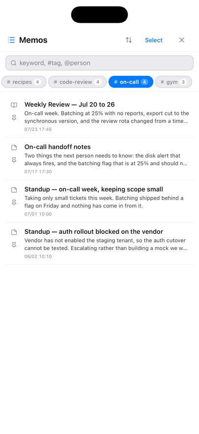 The memo list narrowed by a tag: chips reading #recipes 4, #code-review 4, #on-call 4 and #gym 3, with #on-call selected, and below it the four memos carrying that tag.