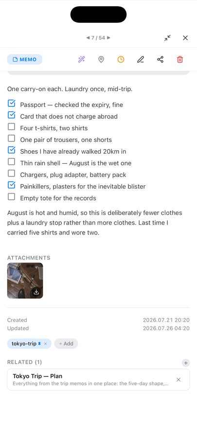 A memo in detail view showing a MEMO badge and a row of action icons, an AI-written Summary card, a checklist body, Created and Updated timestamps, a tag chip with an Add button, and a Related section listing one linked memo titled Tokyo Trip — Plan.