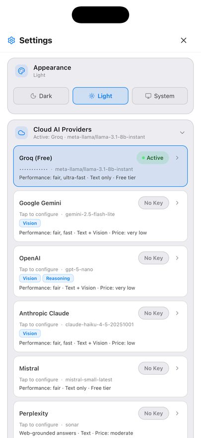 The Cloud AI Providers section of Settings, listing providers with a status badge each, a masked API key and the model in use.