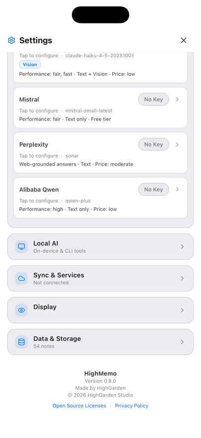 Settings showing the local AI and Cloud Sync sections, with sync provider options None and Google.