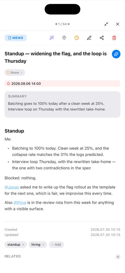 A memo whose body mentions two people, @Jonas and @Priya, rendered as highlighted links inside the running text, with tag chips for standup and hiring underneath.