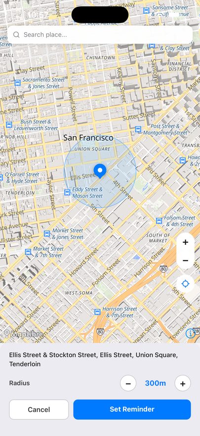 Setting a location reminder on iPhone: a map with a dropped pin and a shaded circle around it, the street address of the pin above the map, a radius row reading 300 m with minus and plus buttons, and a Set Reminder button at the bottom.