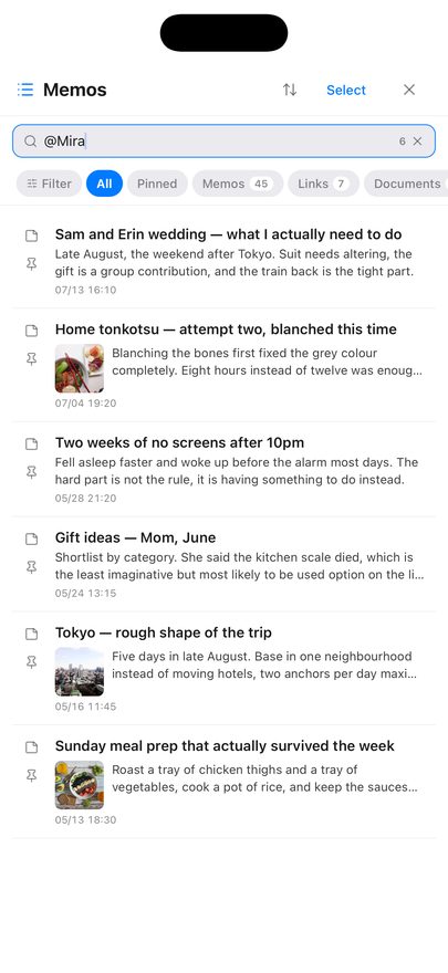 The memo list with @Mira typed into the search field, a count of 6 at the right-hand end of the field, and below it the six memos that mention her.