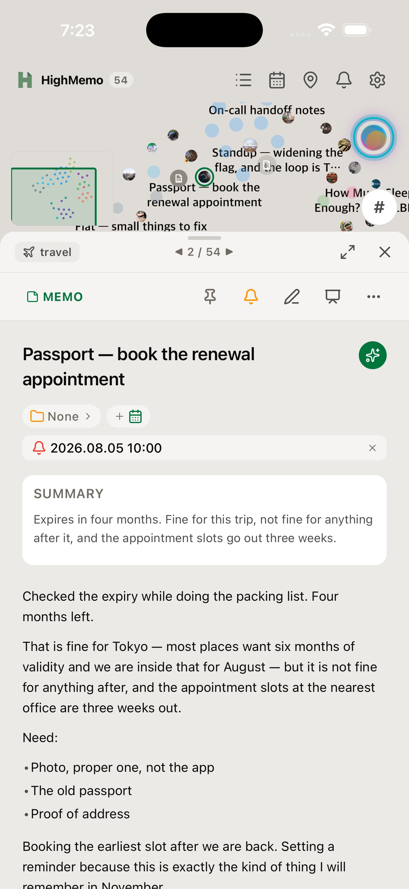 A HighMemo memo open on iPhone, showing its title, reminder, summary, content, dates and tags in one detail view.
