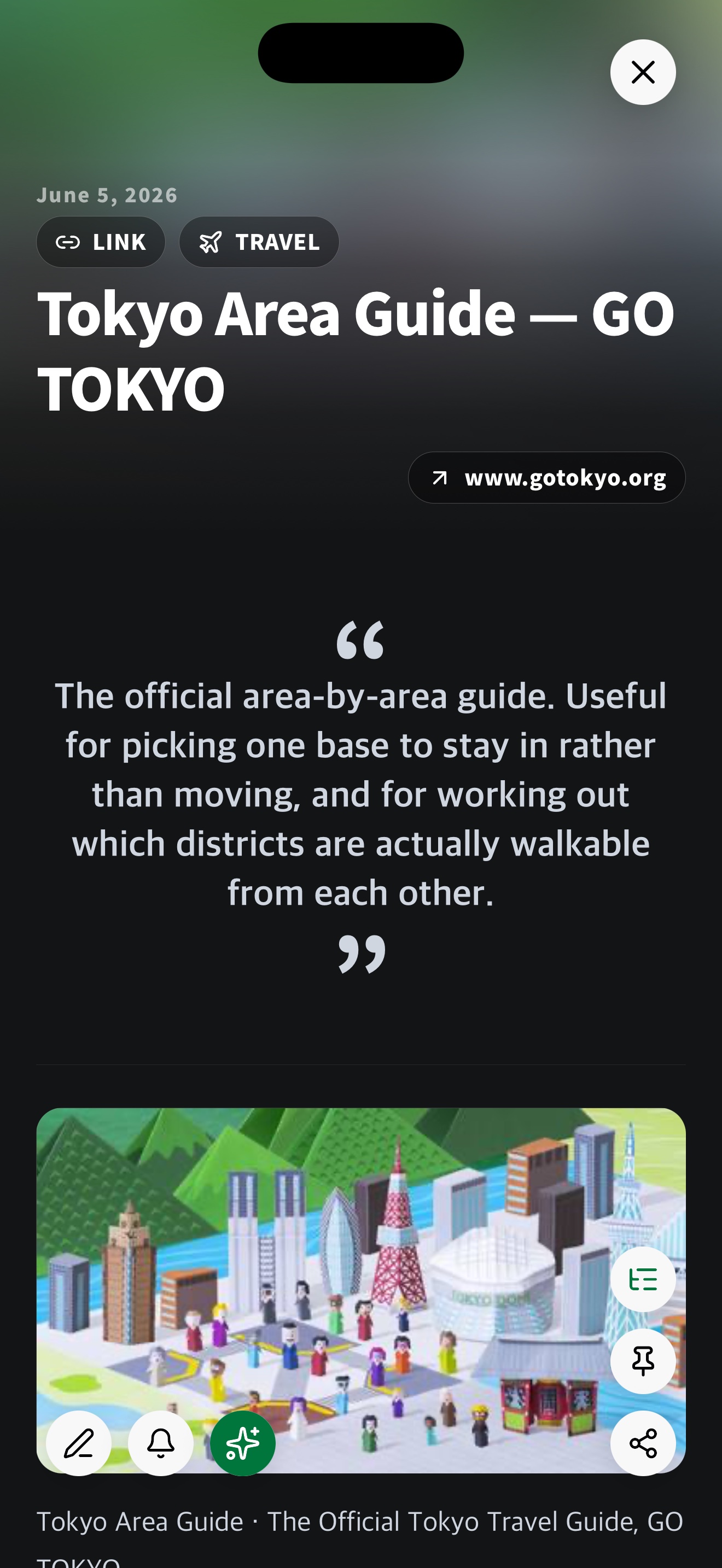 HighMemo Presentation View on iPhone showing a fictional Busan weekend guide with an image, summary, tags and reading actions.